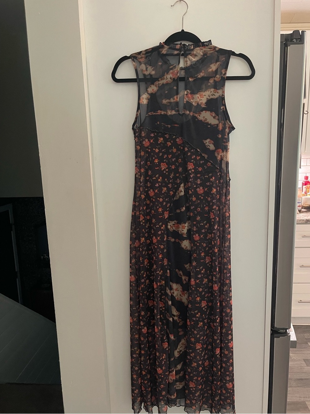 Sheer Black Floral Maxi Dress with Ruffle Neck